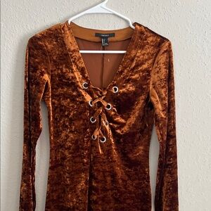 Forever 21 Burnt Orange Crushed Velvet Lace-Up V-Neck Top